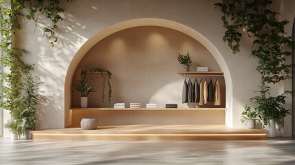 Minimalist Interior Design with Arched Niche  Wooden Shelf and Plants