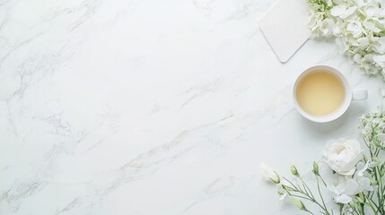 White Flowers Tea Cup Marble Background