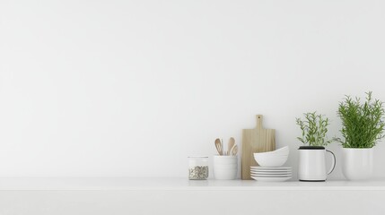 Obraz premium White Kitchen Countertop with Dishes Utensils and Plants