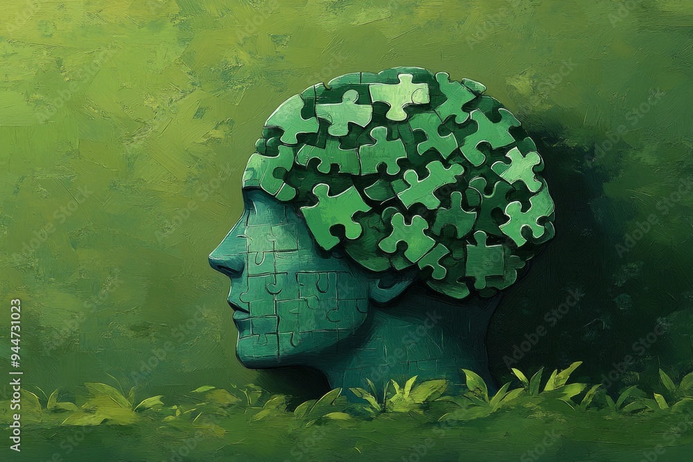 Aufkleber green abstract illustration of a head covered in puzzle pieces symbolizing mental health the complex