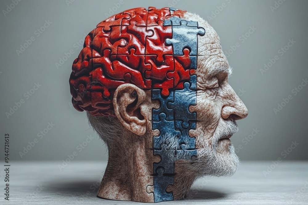Poster elderly man’s profile with a brain constructed from puzzle pieces symbolizing cognitive decline memo