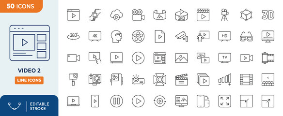 Video Line editable Icon set. Contain icons related to Movie, video, content, multimedia, camera, and more. Editable stroke. Vector illustration	
