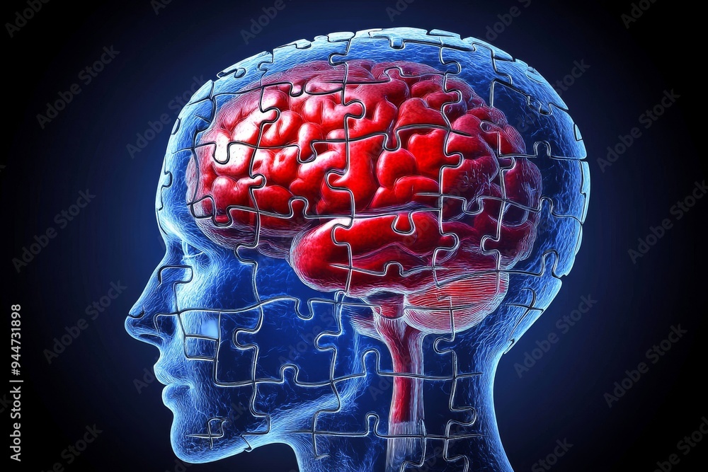 Poster digital 3d illustration of a brain made of puzzle pieces glowing in the dark symbolizing the brillia