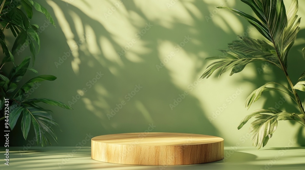 Poster 3D rendered backdrop featuring a wooden podium against a green background with a floating wheel for showcasing products ideal for summer vacation themes web pages and background images