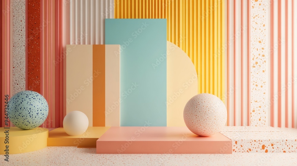Poster 3D rendering of a contemporary mock up featuring an abstract geometric background a blank template a minimalist empty showcase primitive shapes and an art deco display in pastel colors