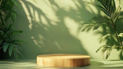 3D rendered backdrop featuring a wooden podium against a green background with a floating wheel for showcasing products ideal for summer vacation themes web pages and background images