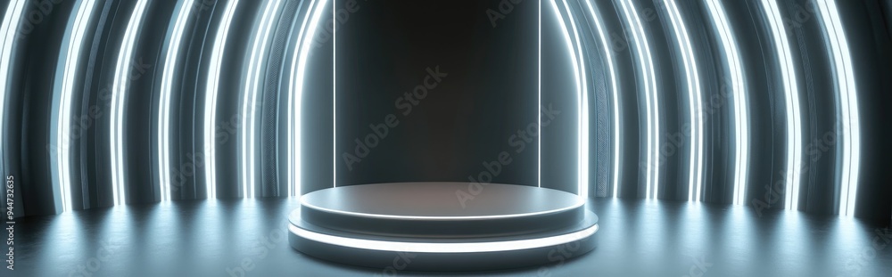 Poster 3d rendering of a futuristic product display background featuring a scientific podium illuminated by