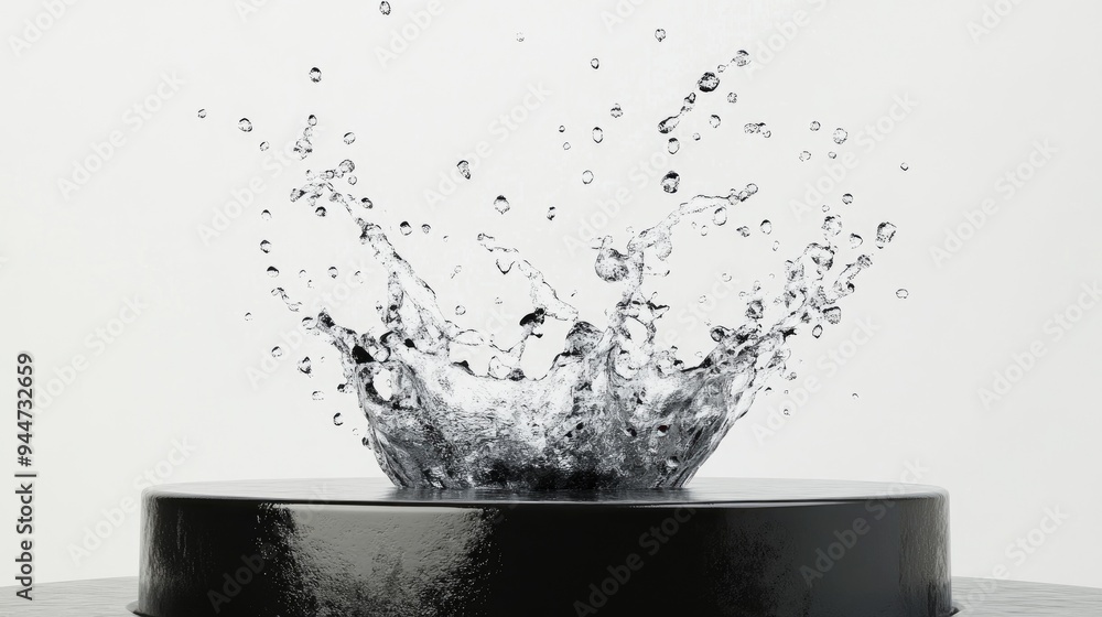 Aufkleber 3d rendering of a black podium with water splashing against a white backdrop