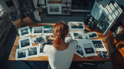 A creative artist reviews black-and-white photographs in a cozy workspace filled with prints and camera equipment during the evening hours