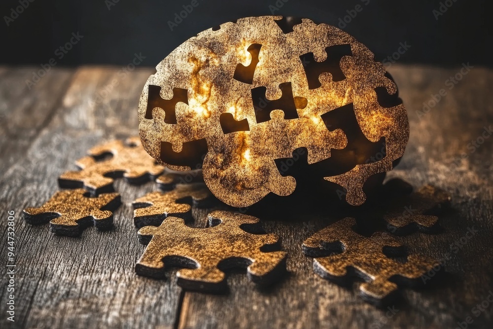 Poster puzzle ball illuminated by golden light symbolizing the intricacies of problem solving the pursuit o