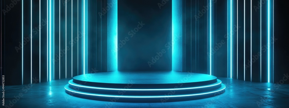 Aufkleber 3D rendering of an abstract futuristic backdrop featuring a blank podium stage designed for product showcases