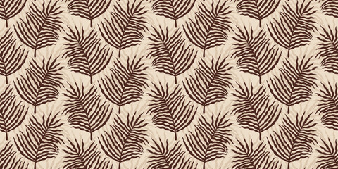 Tropical leaf pattern on beige background. Brown leaves seamless pattern. Beige botanical pattern