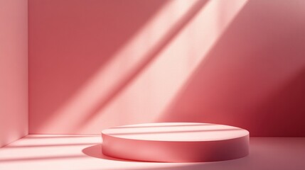 3D abstract studio space featuring a pedestal or stand podium Soft pink geometric platform enhanced by lighting and shadows creating a minimalist wall scene suitable for showcasing cosmetic produc