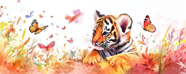 A colorful watercolor illustration of a playful tiger cub surrounded by vibrant butterflies and blooming flowers.
