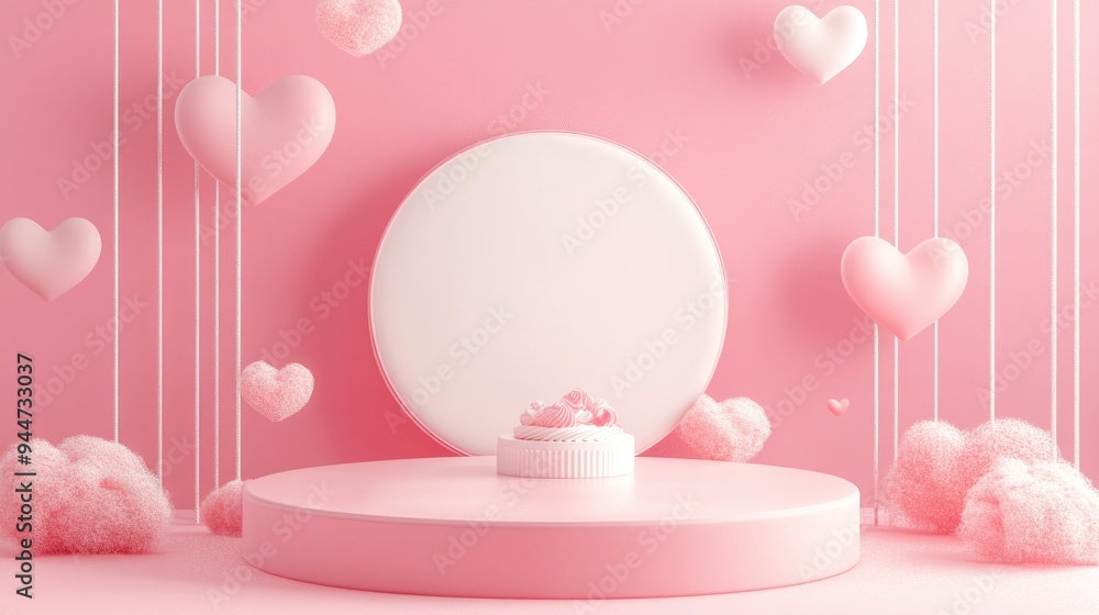 Aufkleber 3D render of a minimalistic sweet scene featuring a display podium for mockup and product branding Pink pedestal suitable for a romantic theme Adorable heart themed background Design style for a c