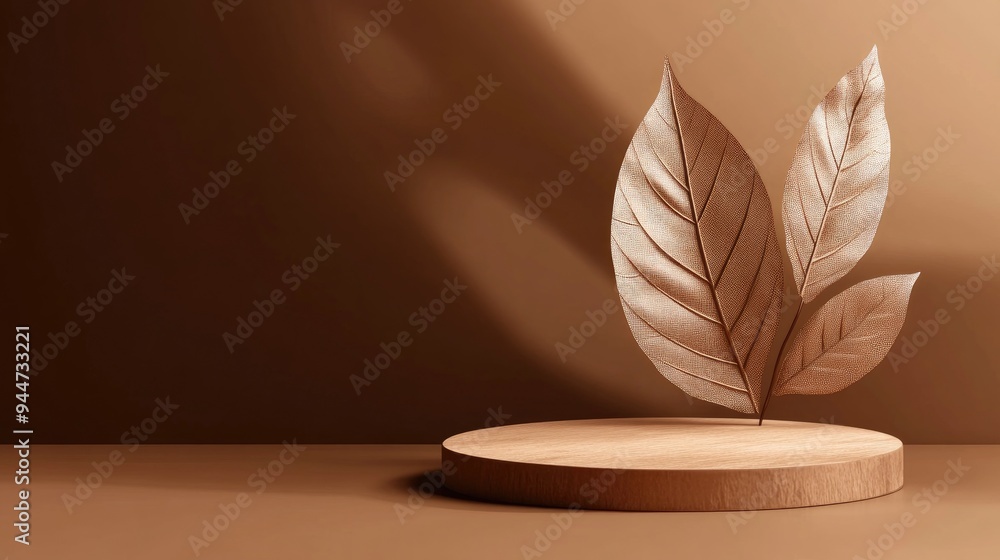 Poster 3D illustration of an abstract brown background featuring a leaf with an empty round stage and podium design