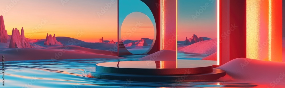 Poster 3d render of a surreal landscape featuring water and vibrant sand a podium display set against an ab
