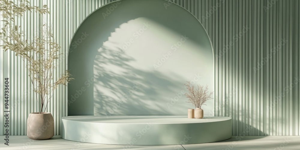 Poster 3d rendering of a sage green podium for product display and social media advertising