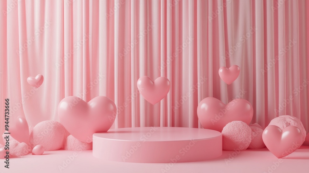 Poster 3D render of a minimalistic sweet scene featuring a display podium for mockup and product branding Pink pedestal suitable for a romantic theme Adorable heart themed background Design style for a c