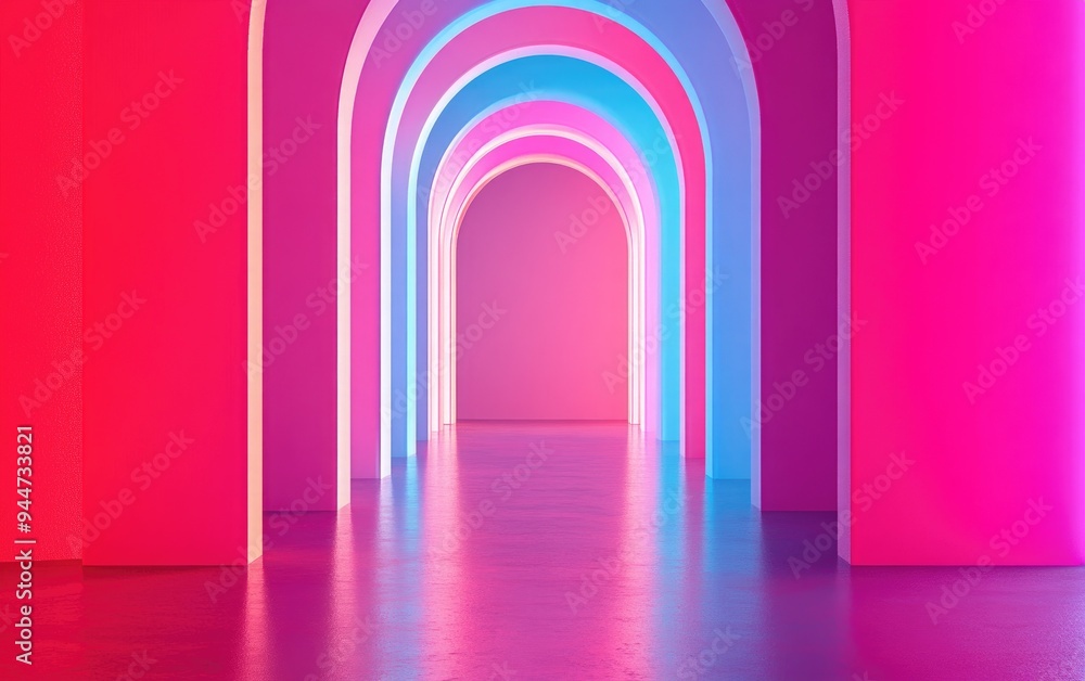 Poster 3D rendering of a simplistic geometric background featuring an architectural corridor with arch columns within a blank wall showcasing a modern minimal concept
