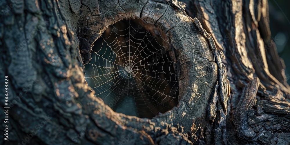 Poster spider web spanning a gap in a tree trunk
