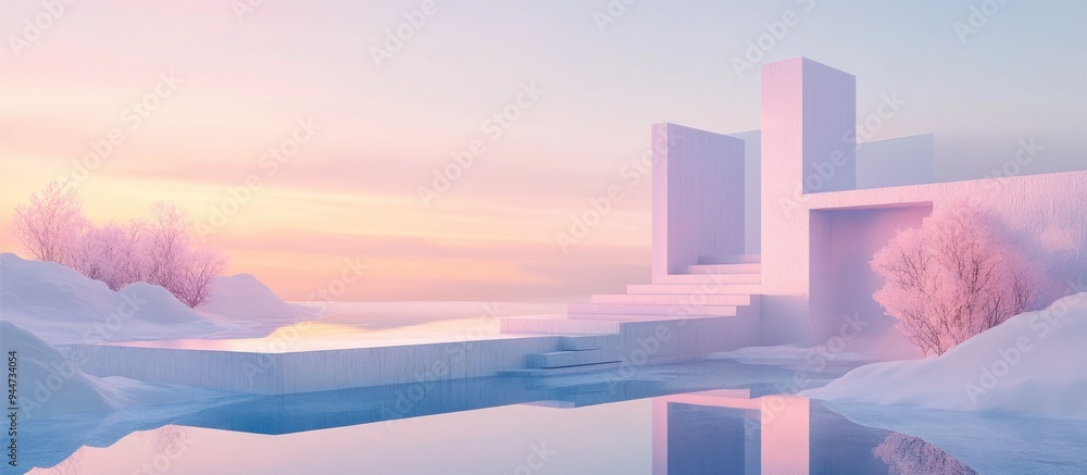 Poster 3d render abstract surreal pastel landscape featuring architectural elements and geometric shapes co