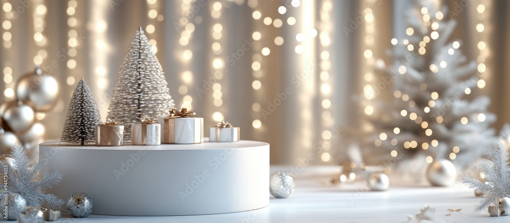 Poster 3d rendering of a festive product display podium with decorative backdrop for a holiday celebration