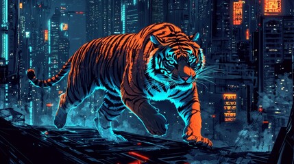 A vibrant digital drawing of a tiger prowling through a futuristic city, illuminated by neon lights and a mystic atmosphere.