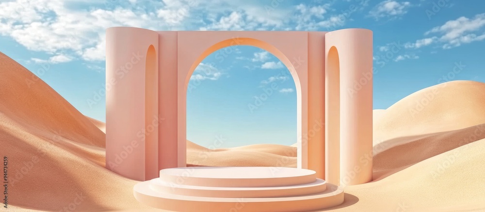 Aufkleber 3d render of an abstract surreal pastel landscape featuring arches and a podium for product display 