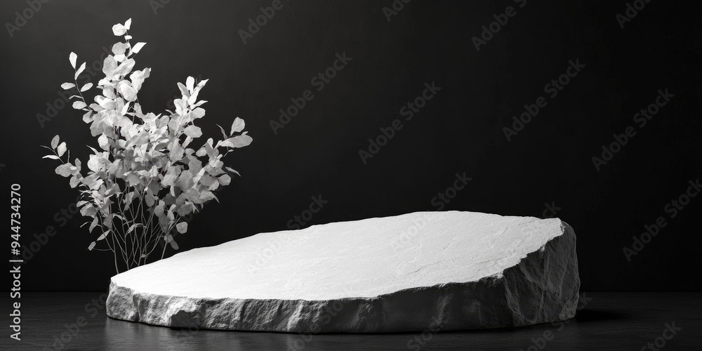 Poster 3D blank white stone against a black background Presentation display for commercial products showcase setting mockup scene 3D rendering