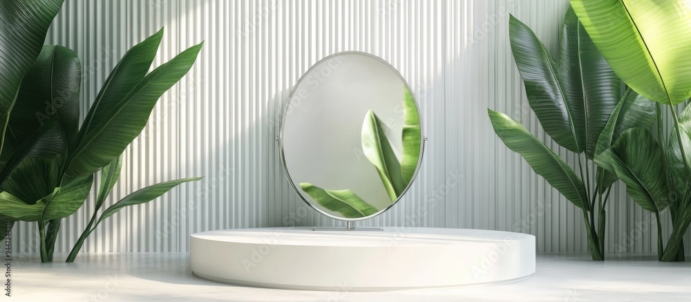 Aufkleber 3D render of an empty white circular display stand featuring a clear mirror effect and a reeded glass shower screen complemented by tropical green banana leaves Natural beauty theme backdrop mock u