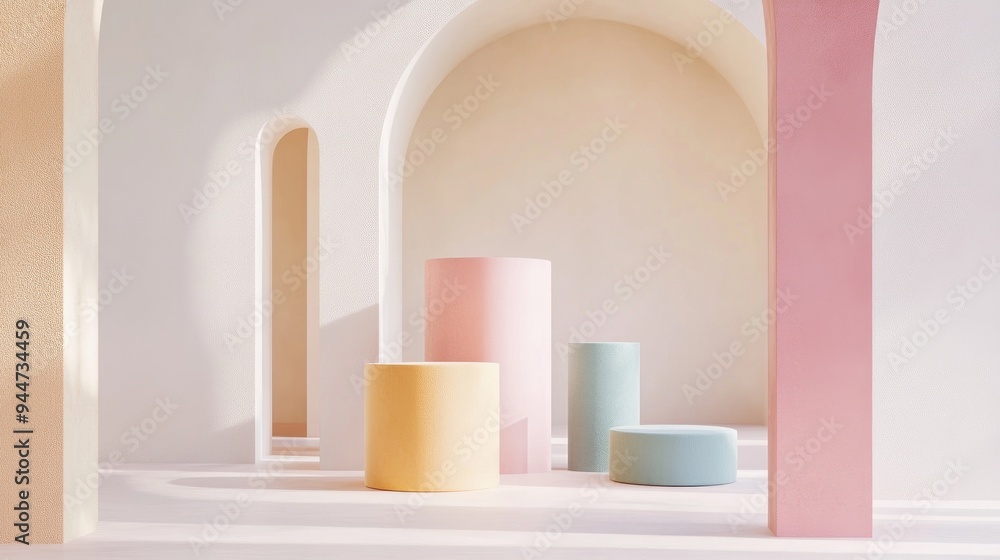 Poster 3D rendered shapes for product display in a pastel minimal studio setting