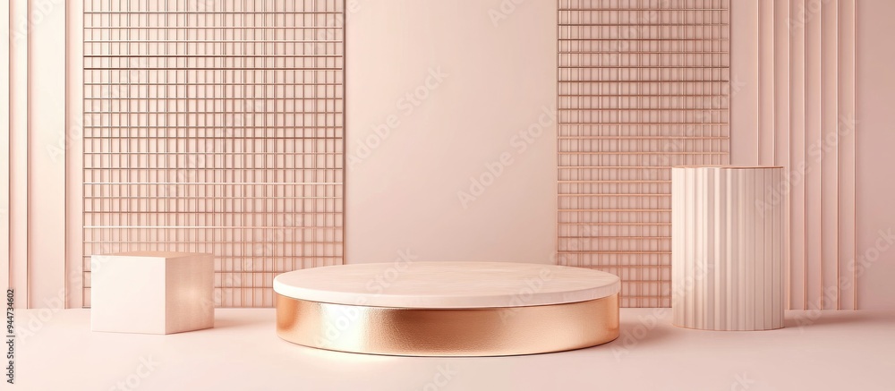 Poster 3D rendering of abstract geometric background featuring primitive shapes cylindrical podium and modern minimalistic mock up with a rose gold metal grid in a blush pink pastel color scheme