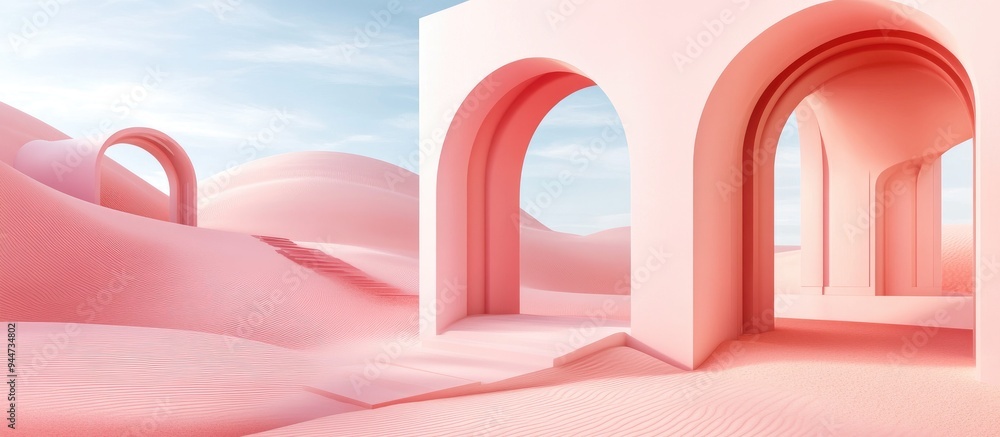 Poster 3d rendering of an abstract surreal pastel landscape featuring modern architecture and geometric arc