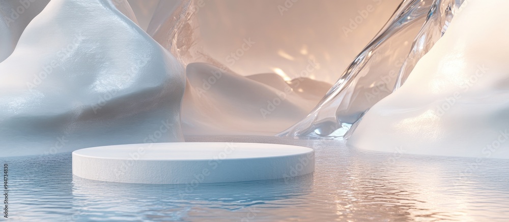 Aufkleber 3D rendering of a surreal landscape featuring a round podium in water and white sand set against a backdrop of abstract glass shapes and objects This image evokes a fantasy world with a futuristic