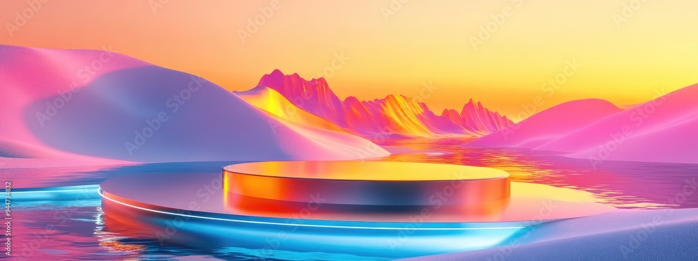 Poster 3D rendering of a surreal landscape featuring neon forms reflected in water and vibrant sand A podium and abstract shapes create a fantastical futuristic scene