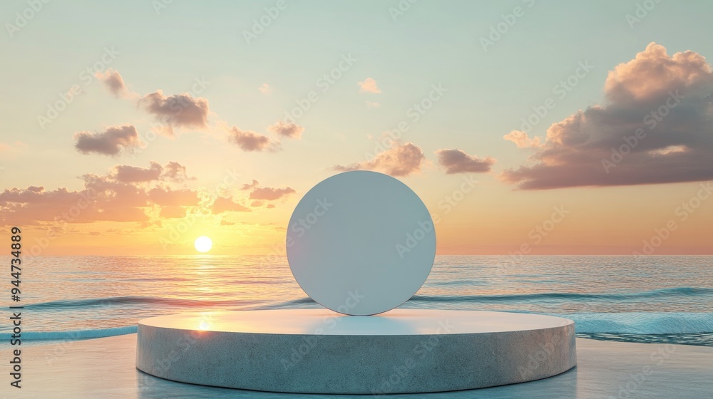 Aufkleber 3D podium with blank space for product showcase set against an abstract background of a sunset beach Concept of summer and vacation Graphic rendering and artistic design