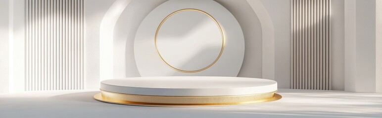 3D rendering of a round podium with geometric shapes and gold accents Abstract design featuring a blank display for product presentation Empty pedestal platform for showcasing items