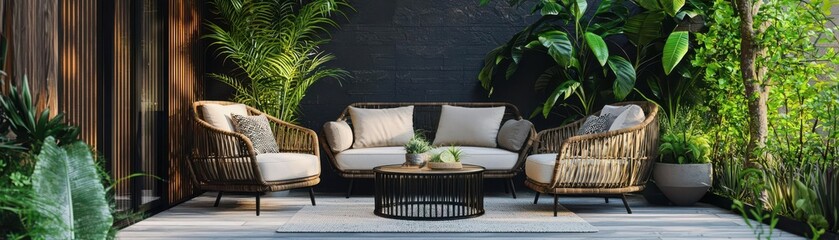 Chic outdoor patio set, comfortable chairs, sleek modern table, decorative cushions, lush greenery, serene and stylish outdoor retreat