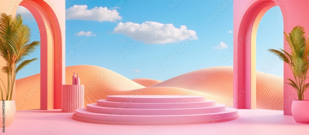 Poster 3D render of an abstract surreal pastel landscape featuring arches and a podium for product display panoramic view with a vibrant dune scene blue sky and clouds complemented by minimalist decor des