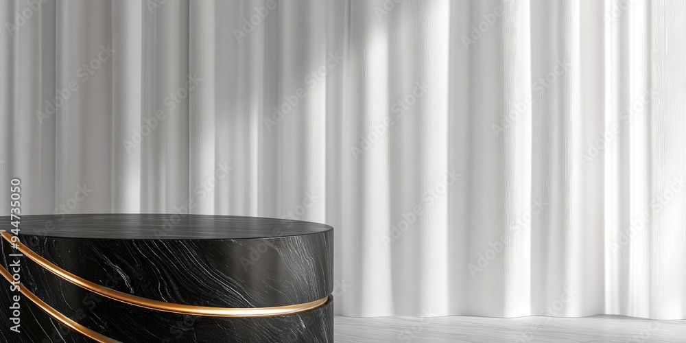 Aufkleber 3d rendered background featuring a black marble cylinder table with a curved gold line design agains