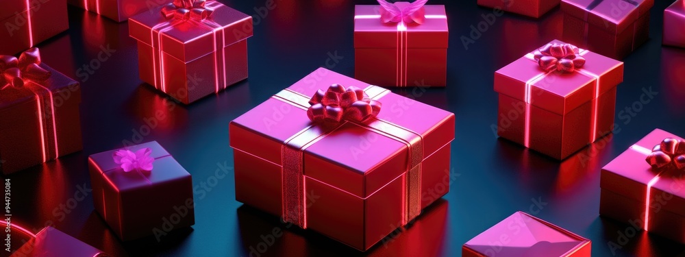 Fototapete 3D rendered illustration of an isometric pattern featuring realistic gift boxes An empty display stand and blank gift boxes for product showcasing Open and closed red present boxes adorned with re