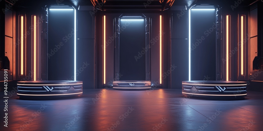 Poster 3d rendering of three vacant sci fi podiums for showcasing products