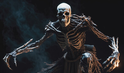 A skeletal figure stands with outstretched arms in a darkened room