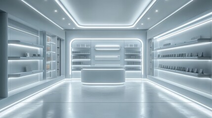 Obraz premium Modern Minimalist Retail Store Interior Design with White Walls and LED Lighting