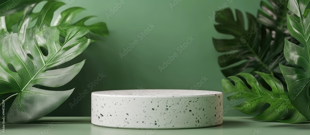 Poster 3d render of an abstract podium display featuring terrazzo and monstera leaves concept for product p
