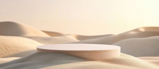 3D abstract podium set on sand dunes Realistic pastel mockup for product display Modern minimalist background featuring an empty platform 3D rendering