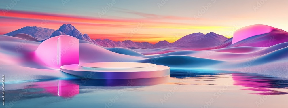 Poster 3D rendering of a surreal landscape featuring neon forms reflected in water and vibrant sand A podium and abstract shapes create a fantastical futuristic scene
