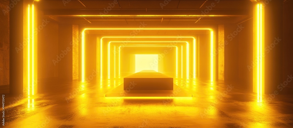 Poster 3d render of an abstract corridor with virtual reality elements featuring yellow neon lights a fashi