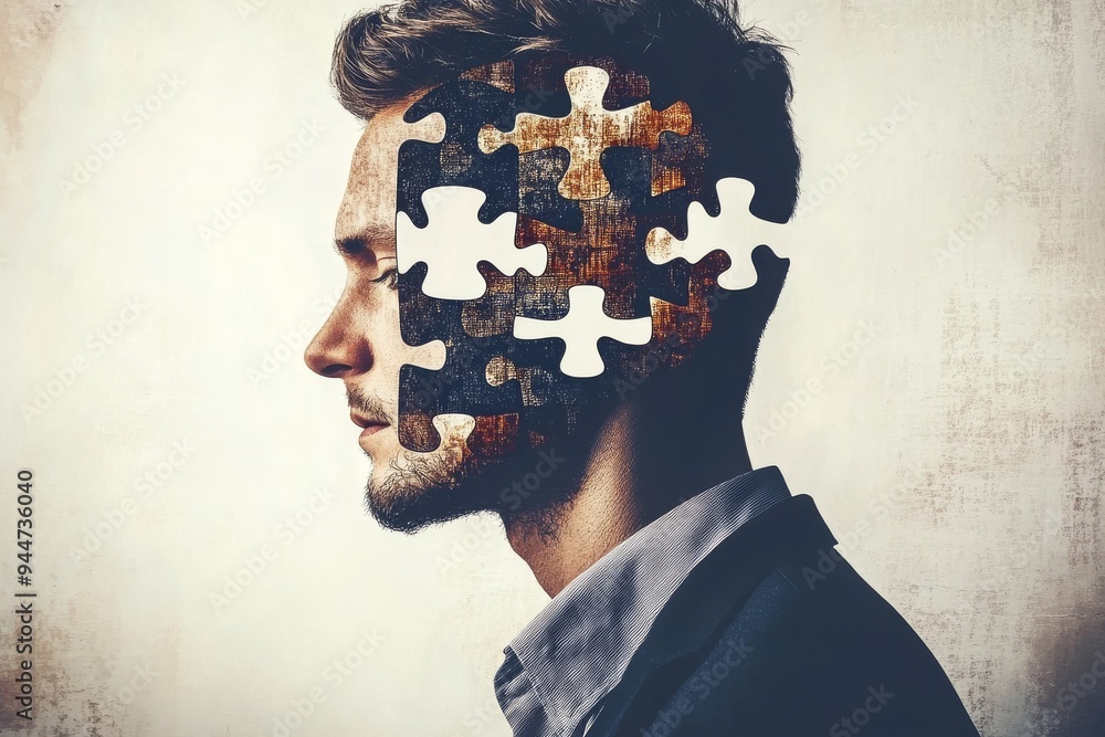 Poster side profile of man with puzzle piece missing from his head depicting emotional impact of memory los